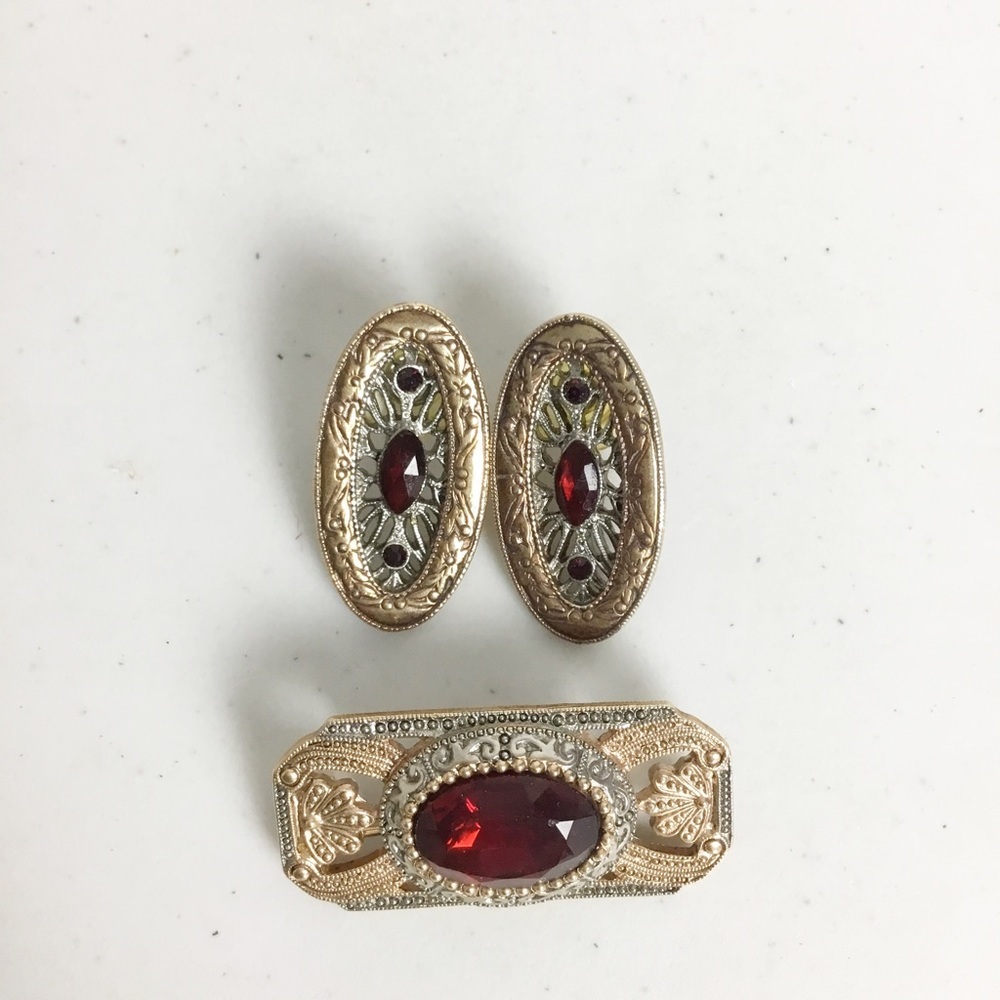Vintage 1928 Pin & Earrings Set Red, Gold Silver